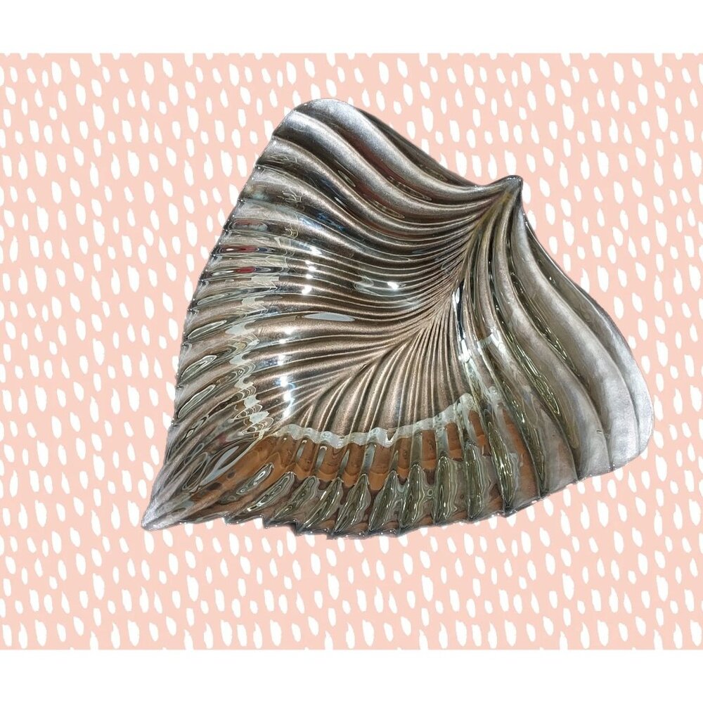 Bowl Akcam Gold Leaf Turkish Glass Holiday 13" x 12" x 3" Clear Silver Back - Picture 2 of 13